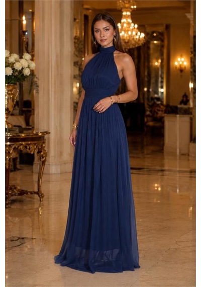 Neşeli Butik Kadın Lacivert Halter Yaka Janjan Kumaş Premium Abiye Elbise Nbmy4128