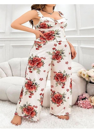 Majeur Closet Büyük Beden Gül Desenli İnce Askılı Beyaz Salaş 2'li Takım Görsel