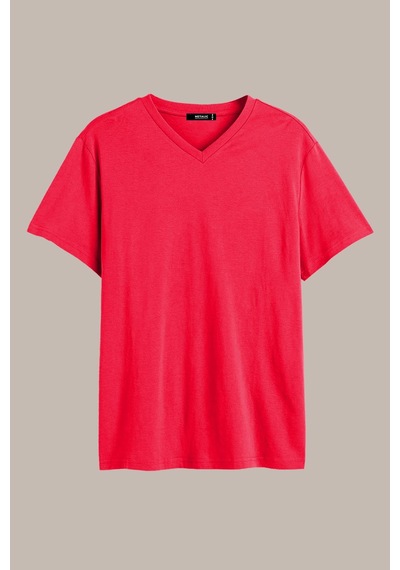 Erkek Indigo %100 Pamuk Basıc Regular Fit Pamuklu Kısa Kollu V Yaka T-shirt Kırmızı