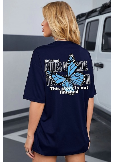 Flood Of Style Unisex Lacivert Sırt Kelebek Baskılı T-shirt