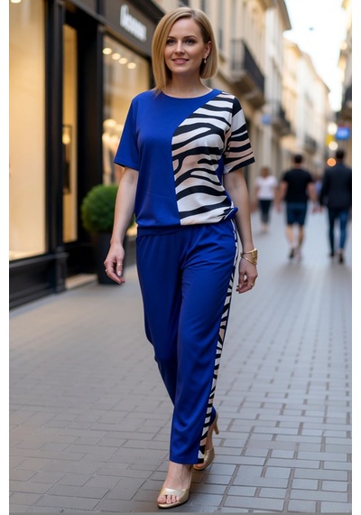 Ersefa Kadın Kısa Kollu Bisiklet Yaka Zebra Desenli Bluz Ve Pantolon İki Saks Mavi