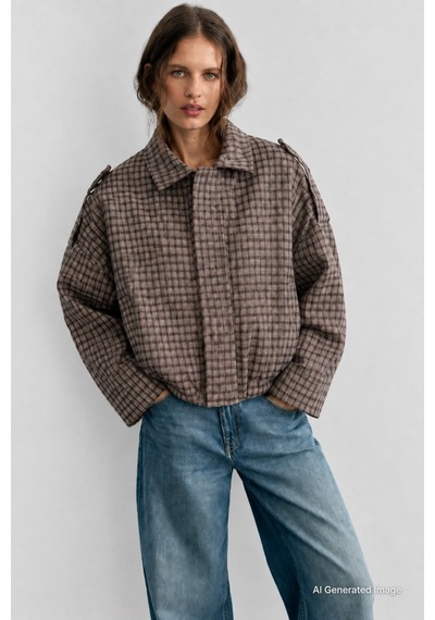 Madmext Vizon Ekose Desenli Oversize Kadın Bomber Ceket Mg2920 VİZON