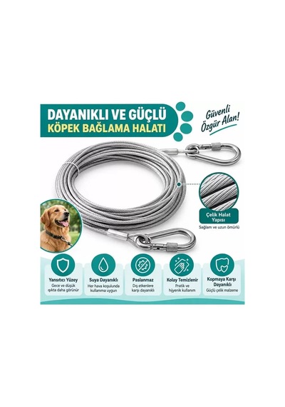 Sh Sunup Sn-38108 10 Metre Çelik Köpek Bağlama Halatı Kilitli Karabina Pvc Kaplamalı Najmaddin