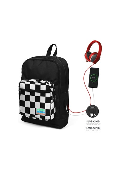Coral High Okul Çantası Ve Beslenme Çantası Seti - Erkek Çocuk Siyah Damalı - Usb Soketli