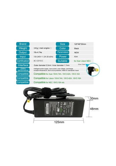 Acer Uyumlu Notebook Adaptörü Şarj Aleti 19V 3.42A 5.5x1.7Mm