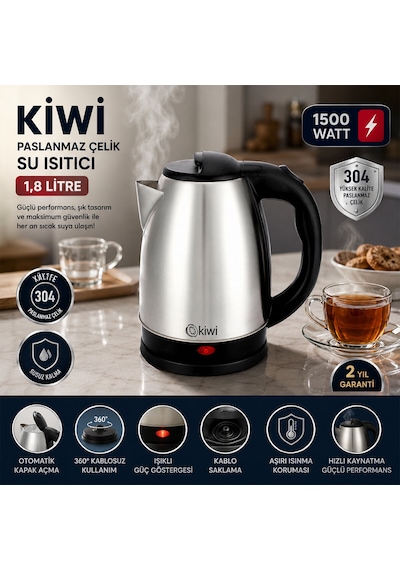 Çelik Kettle Elektrikli Su Isıtıcısı Paslanmaz Çelik Gizli Rezistans 360 1.8lt 1500w Kk-3331