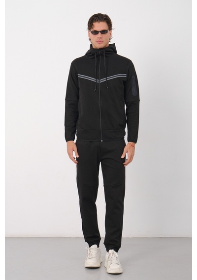 Dechers Erkek Siyah Tech Fleece Double Face Kapüşonlu Fermuarlı Eşofman Takımı - E228