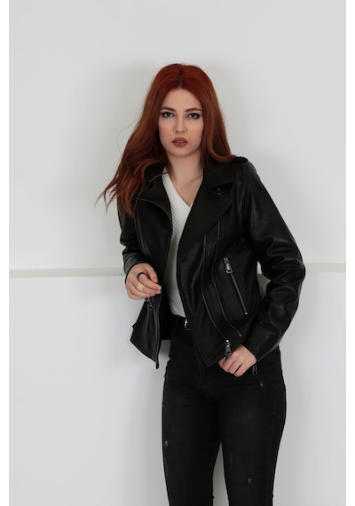 M M Marki Marki Hakiki Deri Ceket, Çift Fermuarlı, Kadın, Siyah, Baharlık, 65 Cm