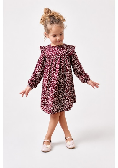 Noble Kids Kız Çocuk Çiçek Desenli Volanlı Elbise Bordo