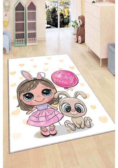 Pembe Kaymaz Tabanlı Yıkanır Prensesli Çocuk Halısı Ar056n11