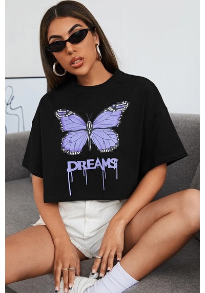 Flood Of Style Unisex Dream Butterfly Tasarım Tshirt Siyah