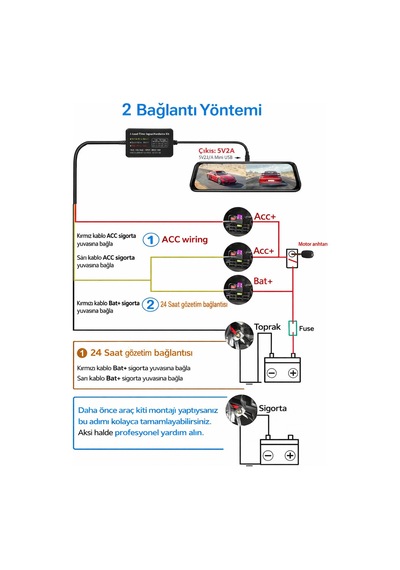 Araç Kamerası Park Modu Kablosu Hardwire Kit Usb Type-b 7/24 Park Kaydı Akü Sigorta Kablosu