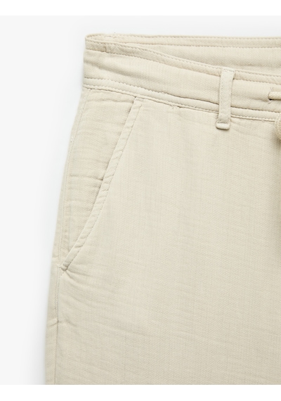 Koton Beli Bağcıklı Düğmeli Cepli Regular Fit Pamuklu Chino Müslin Pantolon Bej 7wam40045hw Ekru