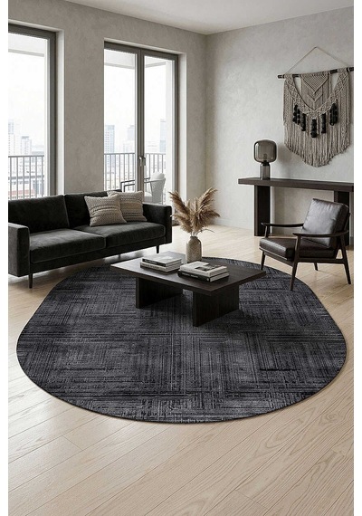 Alya Modern İtalyan Tasarım Makine Oval Halı Al01 Siyah Siyah-gri