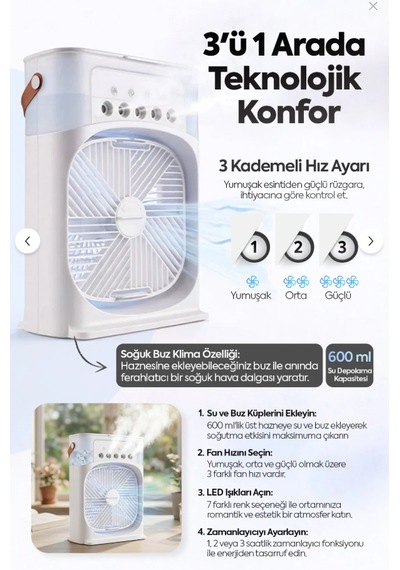 3'ü 1 Arada Nemlendirici Vantilatör,buzlu Klima ,gece Lambası Ve Soğuk Buz Masa Tipi Fan