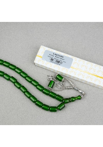 Ateş Kehribar Alpaka Püsküllü Kapsül Kesim 9x12mm Tesbih - Şeffaf Yeşil