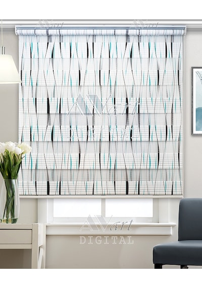 Mavi Siyah Çizgi Baskılı Zebra Perde - Wave Lines - Dijital Baskılı Zebra Stor Perde Çok Renkli