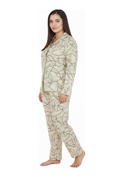 Bravie Luxury Soft Ekru Çizgi Desenli Uzun Kollu Kadın Pijama Takımı Büyük Beden 3015 Ekru
