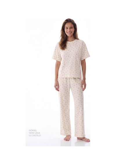 Penti Gardenya Hallie Şal Desenli Kısa Kollu Pantolon Pijama Takımı Ekru