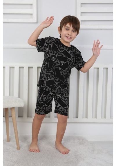 Bunny Hopp Şortlu Erkek Çocuk Pijama Takımı %100 Pamuk Desenli Yazlık 3-8 Yaş Siyah