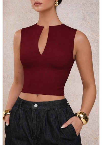 Kadın Derin V Yaka Atlet Esnek Kumaş Crop Üst Bordo