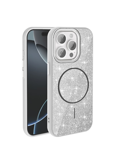 Zore İphone 15 Pro Kılıf Magsafe Şarj Özellikli Parlayan Simli Ogaa Okso Kapak - Siyah