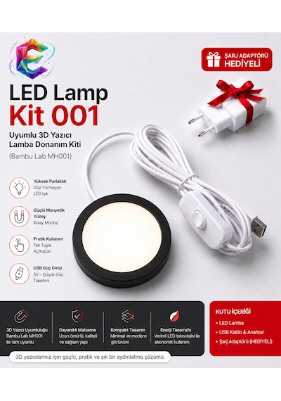 Led Lamp - Kit 001 Uyumlu 3d Yazıcı Lamba Donanım Kiti Beyaz Bambu Lab Mh001 Tam Uyumlu + Şarj Adaptörü Hediyeli Siyah