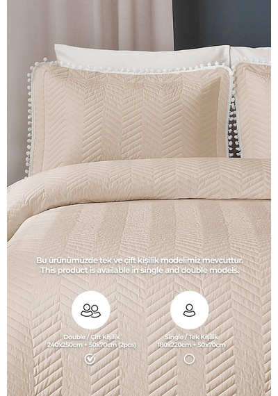 Evlen Home Ollie %100 Pamuk Yatak Örtüsü Pike Takımı Çift Kişilik Ponponlu Kapitone Günlük Bej