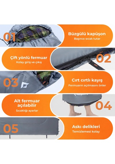 Kingcamp Sevan 250 Konforlu Uyku Tulumu Grey Sol F. Gri