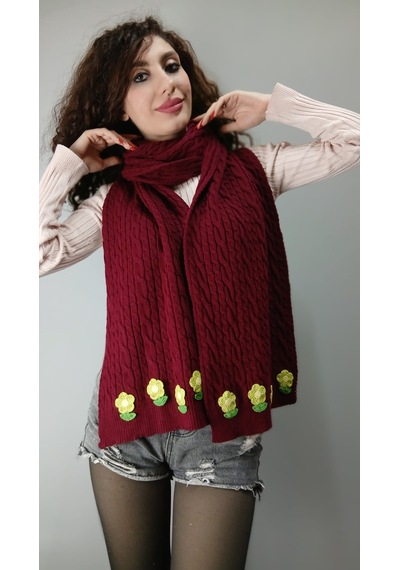 Gönülden Tasarım Bordo Örme Triko Çiçekli Kadın Şal Atkı Boyunluk 200x30 Cm Renkli