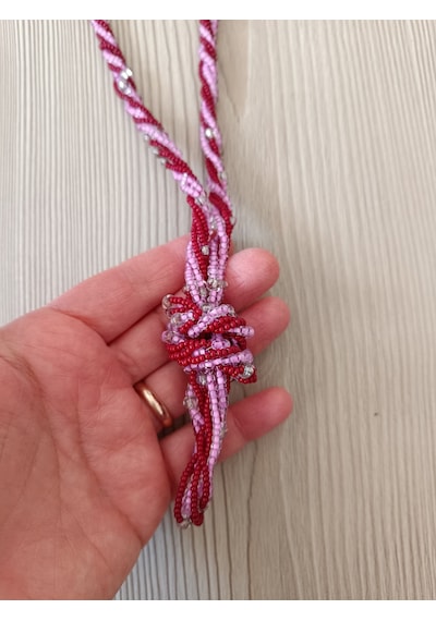 Boncuklu Tasarım Kolye Pembe-bordo Gümüş