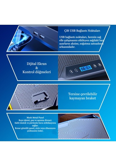 Rgb Işıklı 10 Fanlı Lcd Ekranlı Notebook Laptop Soğutucu Yükseklik Ayarlı 9-17 İnç 2 Usb Girişli Soğutucu