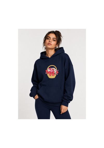 Herkesemoda Çiçek Sepeti Baskılı Kapüşonlu 2 İplik Şardonlu Sweatshirt Lacivert