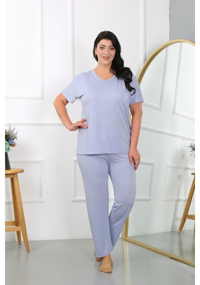 Akbeniz Kadın Büyük Beden Kısa Kol Penye Pijama Takımı Lila 202405-lila Lila