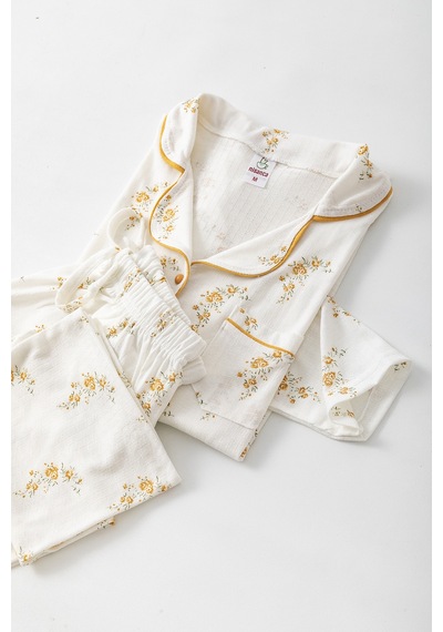 Nisanca Uzun Kol Gömlek Yaka Kadın Pinterest Pijama Takımı - Mevsimlik Kadın Pijama- Geniş Beden Aralığı Hardal