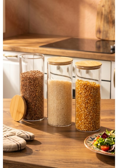 Porsima 3-3 Bambu Vakumlu Kapaklı Yuvarlak Borosilikat Cam 3lü Kavanoz Seti Saklama Kabı 1650ml 10x25cm Cam - Şeffaf