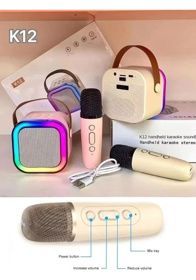 K12 Kablosuz Bluetooth Hoparlör Pembe Karaoke Mikrofon 5 Ses Efektli Rgb Hd Stereo Ses Usb/sd/fm