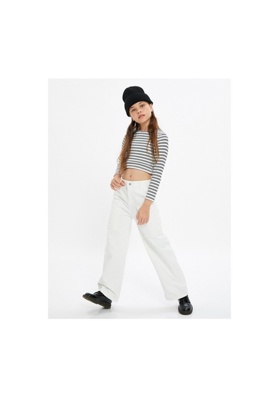 Koton Kız Çocuk Bol Paça Kot Pantolon Önde Cep Detaylı Pamuklu - Crop Wide Leg Jean Ekru