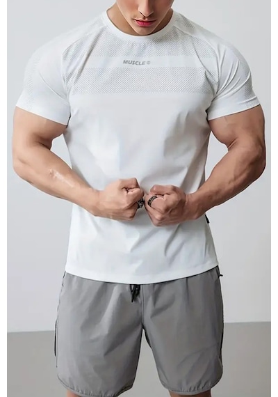 Ghassy Co. Erkek Nem Emici Hızlı Kuruyan Renk Solmayan Atletik Teknik Fitness Spor T-shirt Beyaz