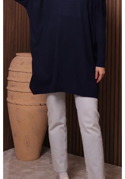 Balenbi Kadın Dik Yaka Basic 80cm Salaş Oversize Triko Tunik 1145 Lacivert