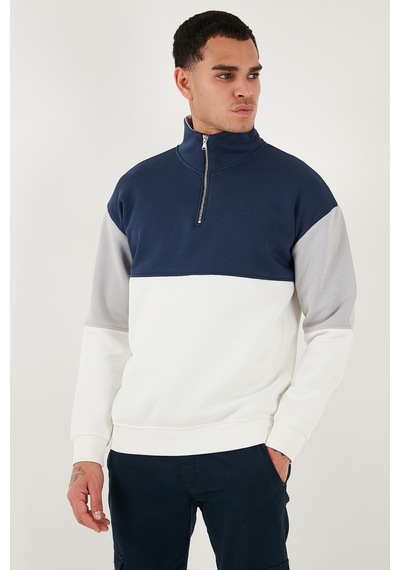 Buratti Renk Bloklu Regular Fit Yarım Fermuarlı Dik Yaka Erkek Sweat 5905719 Ekru