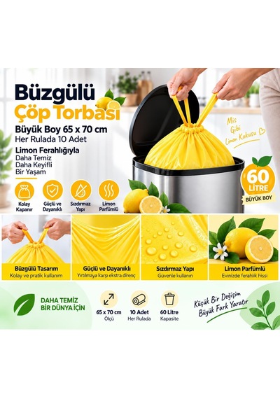 Büzgülü Çöp Torbası,büyük Boy 65x70cm,sızdırmaz,dayanıklı, Limon-1rulo