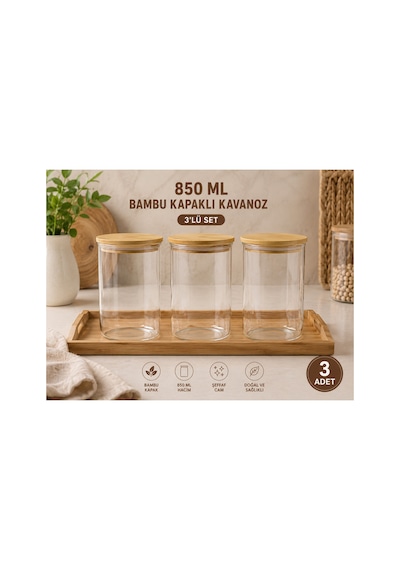 3lü Set Bambu Kapaklı Cam Saklama Kavanozu Hava Geçirmez Çok Amaçlı Mutfak Saklama Kabı 850ml Şeffaff