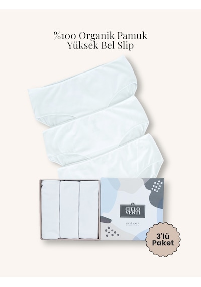 Must Have 3'lü Organik Pamuk Yüksek Bel Slip Külot Beyaz