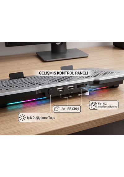6 Fanlı Rgb Notebook Soğutucu, 9-17 İnç Laptop Uyumlu, 5 Kademeli Ergonomik Yükseklik Ayarı, Çift Usb Girişli, 10 Farklı Işık Modu Güçlü Soğutma Çözümü, Laptop Stand Ea-01