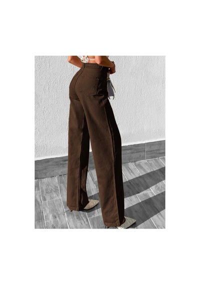 Kene Jeans Yüksek Bel Kahverengi Keten Bol Paça Tam Kalıp Pantolon Kahverengi