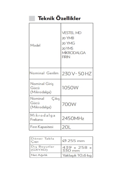 Vestel MD 20 YMS 20 LT Mikrodalga Fırın