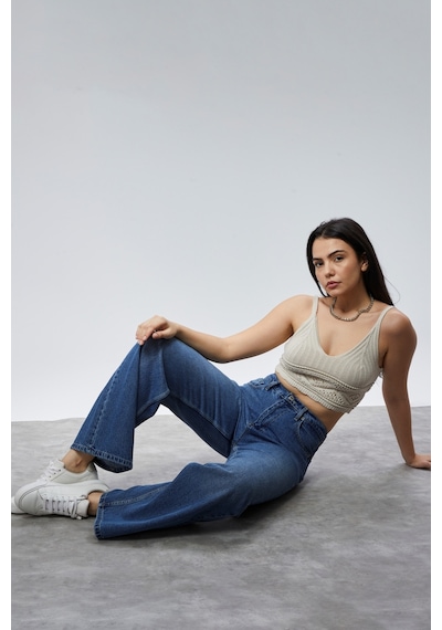 Cedy Denim Cedy Denım Yüksek Kalite Kadın Palazzo Yüksek Bel Cotton Jean Pantolon Mavi