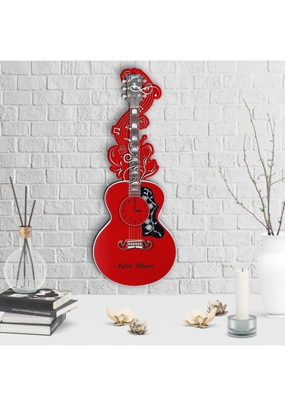 Kişiye Özel Dekoratif Gitar Tasarımlı Ahşap Duvar Saati - 2 Çok Renkli