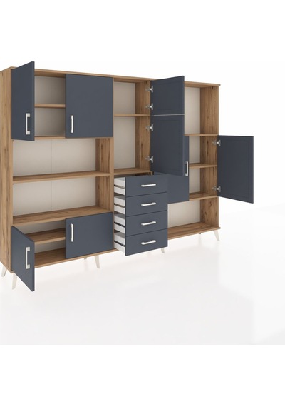 Arges Dolap 10 Raflı 4 Çekmeceli 8 Kapaklı 220x30x163 Çam-antrasi Çam-antrasit